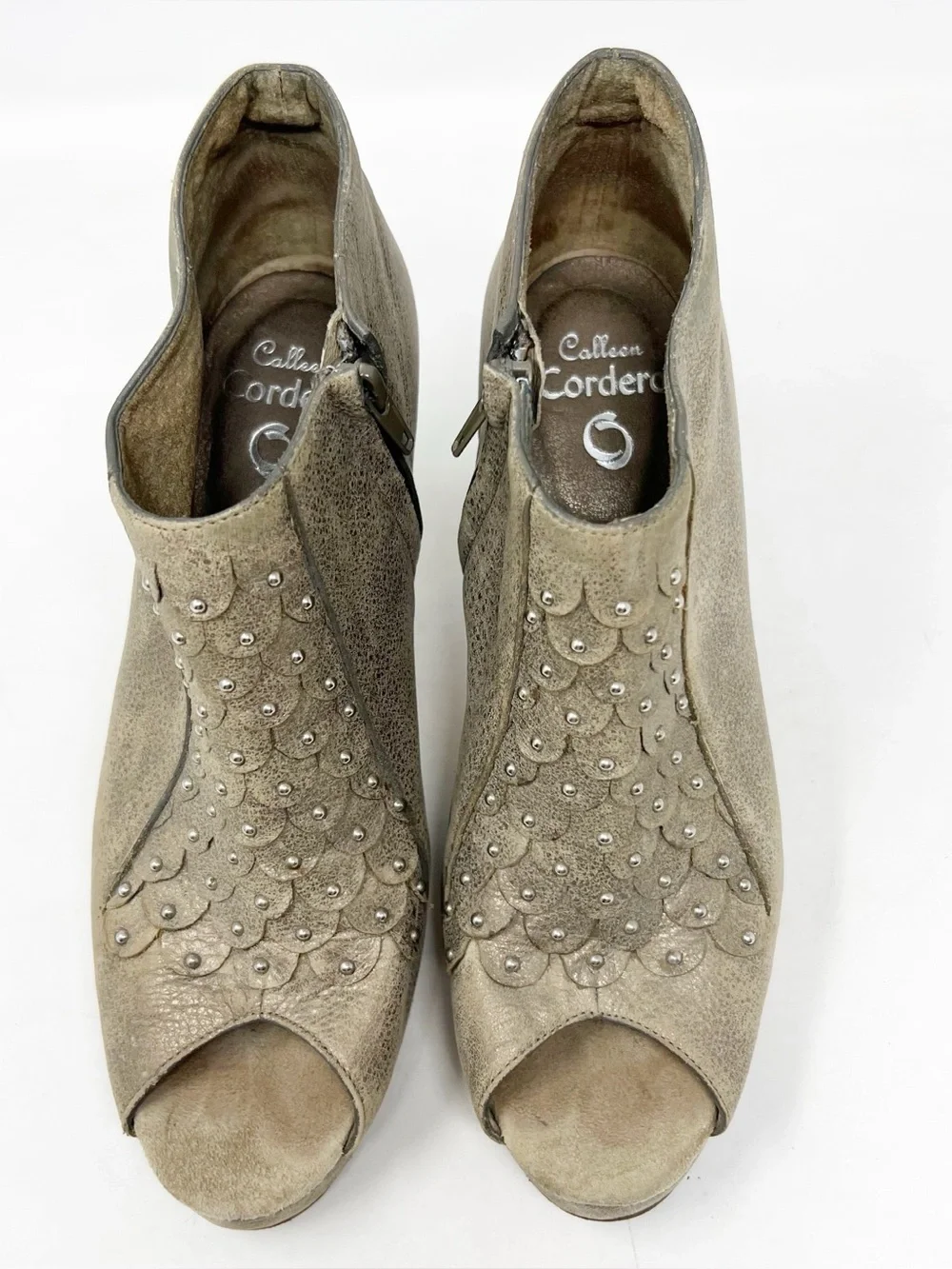 CALLEEN CORDERO TAUPE STUDDED LEATHER PEEP TOE CONE HEEL BOOTIES WOMENS SZ 7.5